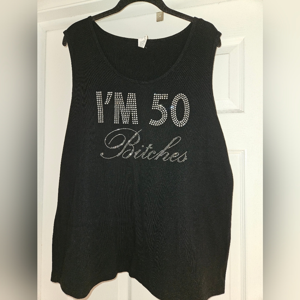 Womens 2X Black Stretchy 100% Cotton Sleeveless Graphic Bling Tank Top EUC